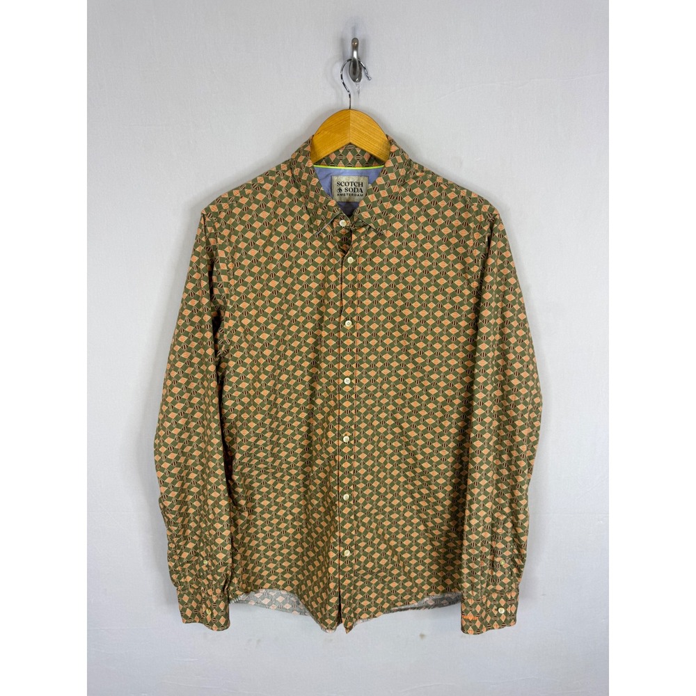 Scotch & Soda Mens Slim Fit Geometric Diamond Print Cotton Button Down Shirt L